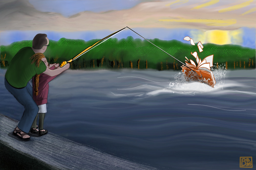 A man helps a young girl with her fishing pole, which currently has a large book at the end of the hook.