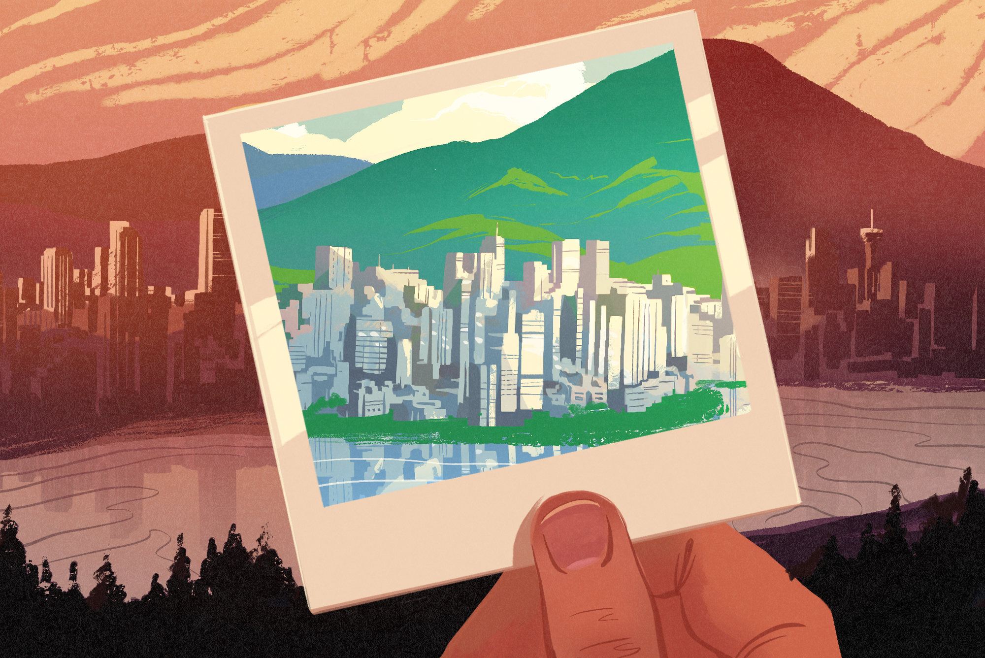 A hand holds a polaroid picture of Vancouver, which looks bright with green hills and mountains. Behind the polaroid, the rest of the Vancouver landscape is visible. It is darker, with the city and mountains lit in orange and red.