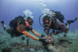Two men in diver's equipment in the ocean focused on removing corroded zinc anodes from an undersea cable.