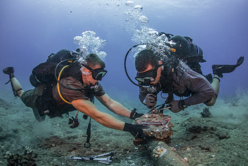Two men in diver's equipment in the ocean focused on removing corroded zinc anodes from an undersea cable.